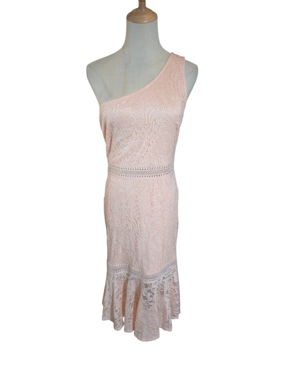 VENUS One-Shoulder Blush Romantic Lace Midi Dress with Ruffled Hem